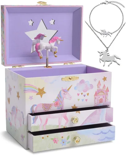 Jewelkeeper Caja de música de unicornio y juego de joyas para niñas pequeñas 3 regalos de unicornio para niñas caja de joyería de unicornio para