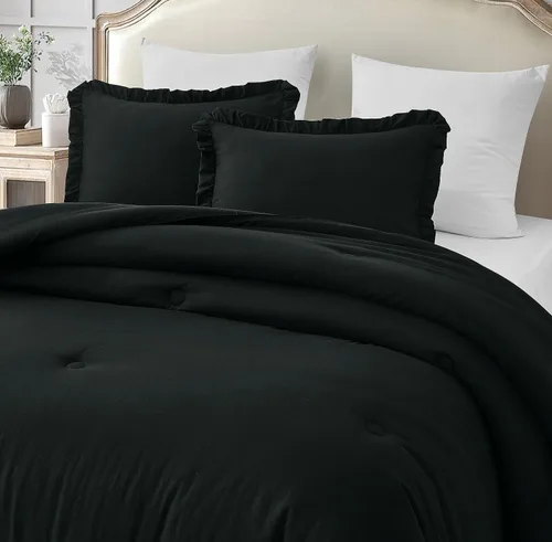 Miniatura 5 de Chezmoi Collection Nora - Juego de edredón negro tamaño King de 3 piezas, esponjoso, suave, lavado a la piedra, con volantes, ropa de cama Shabby