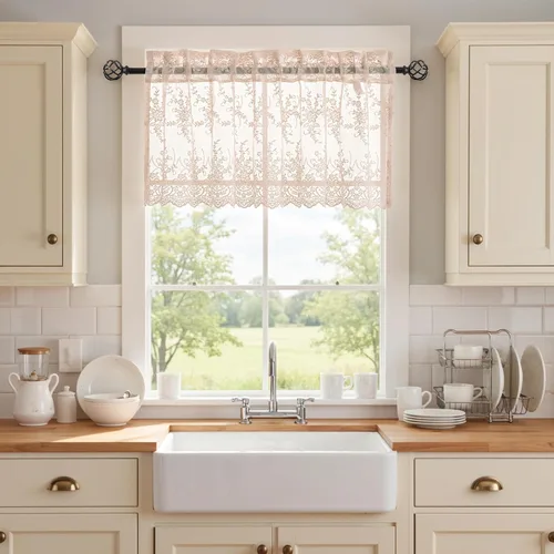 Miniatura 9 de Kotile - Cenefa de encaje beige para ventanas de estilo rústico campestre con diseño floral de vid, fondo ondulado, cenefa transparente de encaje