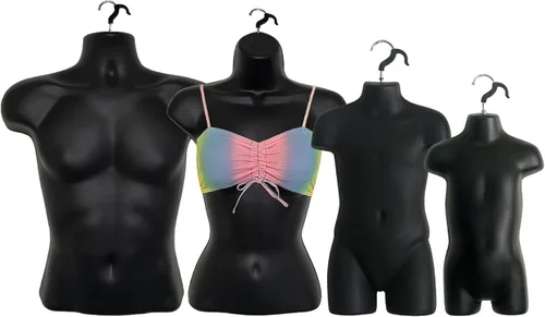 Miniatura 17 de 4 formas de maniquí negro con soportes de metal - Juego de maniquíes colgantes de torso largo para hombre, mujer, niño y bebé con cadera