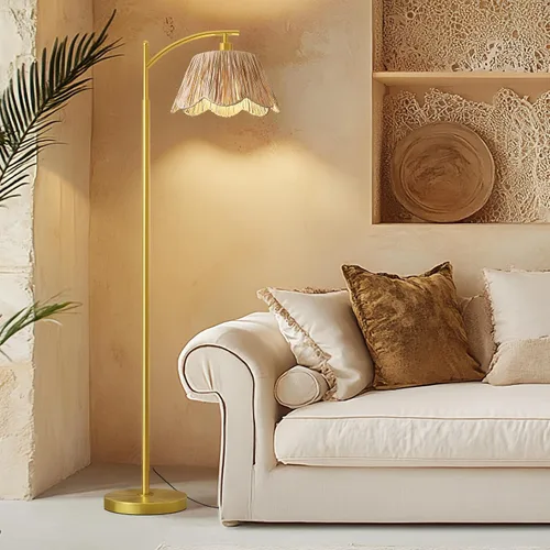 Miniatura 2 de Oneach Lámpara de pie arqueada para sala de estar, lámpara de pie de ratán boho con pantalla tejida a mano, interruptor a pedal, base y poste de Oro