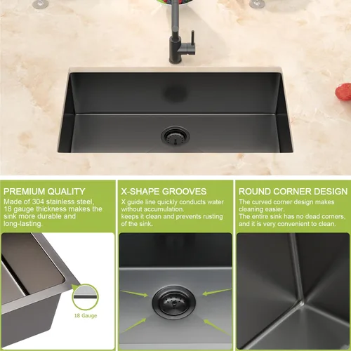 Miniatura 5 de Fregadero de cocina negro de 30 pulgadas empotrado - Fregadero de acero inoxidable 304 de 30x18x9, fregadero de un solo tazón negro de calibre 18