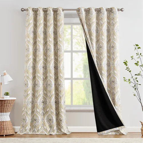 Miniatura 38 de jinchan Cortinas opacas de 90 pulgadas de largo, 2 paneles de medallón de damasco azul, cortinas de ventana para dormitorio, con ojales, aislamiento