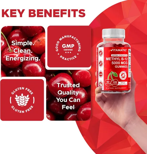 Miniatura 7 de Vitamatic Gomitas de vitamina B12 extra fuertes de 5000 mcg (metilo B12), 120 unidades, apoyo al metabolismo energético y apoyo a la salud