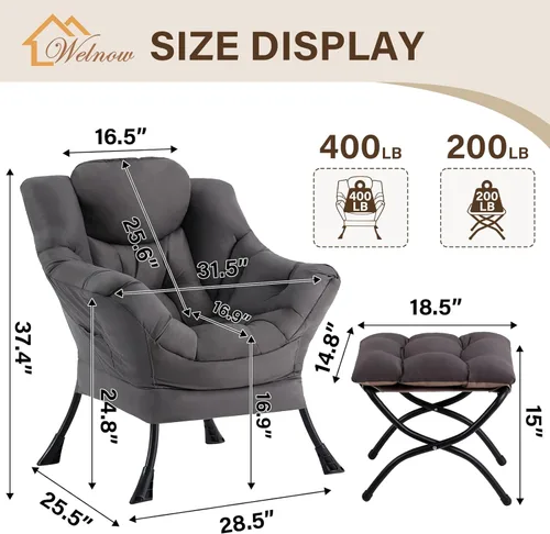 Miniatura 3 de Welnow - Silla perezosa con otomana, moderna silla de descanso con reposabrazos y bolsillo lateral, sillón de sofá tapizado de ocio, sillón de Gris