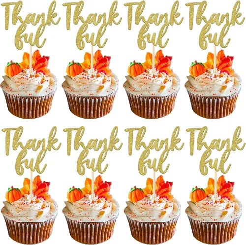 Rsstarxi Paquete de 24 adornos para cupcakes con purpurina con purpurina para dar gracias, decoración de pasteles para el día de Acción de Gracias,