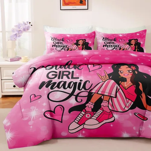 Miniatura 2 de Juego de edredón de niña negra tamaño individual para niños, juegos de ropa de cama mágica de niña negra, juego de edredón de princesa melanina