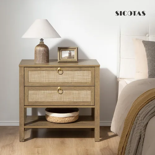 Miniatura 3 de Sicotas - Mesita de noche con cajones y estante de almacenamiento - Gran mesita de noche de ratán, decoración boho, mesita de cabecera estrecha