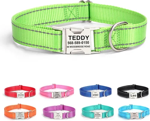 Miniatura 17 de Collar de perro personalizado con etiqueta de nombre, collar de nailon reflectante para mascotas, collares de perro con hebilla grabada Rosa