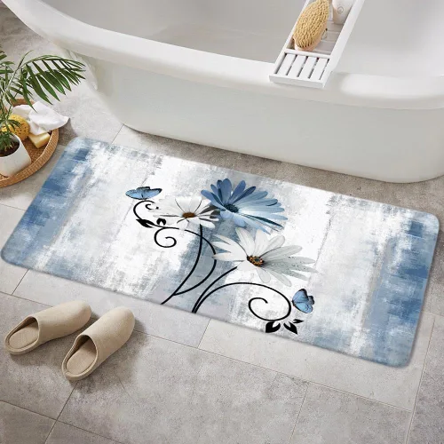 Miniatura 27 de Alfombra de Baño Rústica de Granja, Alfombra de Baño de Madera de Campo con Flores de Margaritas Moradas, Mariposas y Estilo Campestre, Alfombra