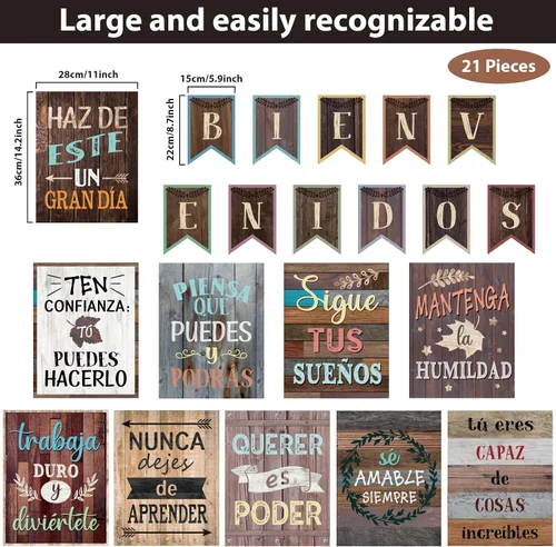 Miniatura 2 de 21 carteles inspiradores españoles de Bienvenidos, estilo industrial retro, póster motivacional español, juego de tablones de anuncios para el aula