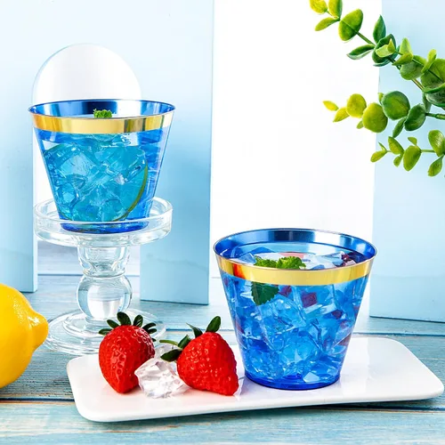 Miniatura 4 de Nervure 240 vasos de plástico azules – Vasos de plástico con borde dorado de 9 onzas – Taza azul desechable resistente con borde dorado perfecto