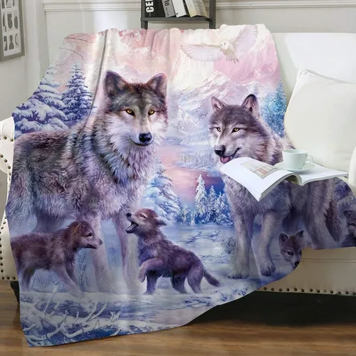 Miniatura 4 de KYKU Mantas y mantas de lobo rosa, manta de vellón de lobos con animales decorativos de nieve para adultos y niños, diseño de amor familiar, bonito