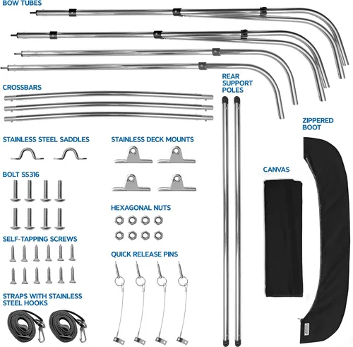 Miniatura 6 de NEH - Bimini Tops de 3 lazos para barcos, postes de soporte, lona marina 900D a prueba de decoloración, funda de almacenamiento universal para Negro