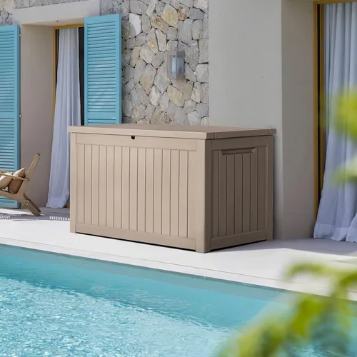 Miniatura 4 de Devoko XXL - Caja grande de resina de 230 galones, impermeable, para exteriores, para muebles de patio, cojines y herramientas de jardín Marrón claro