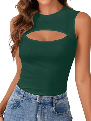 Miniatura 14 de Vrtige Camiseta sin mangas sexy con cuello redondo para mujer, de punto acanalado, sin mangas, ajustada