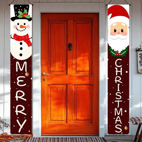 Miniatura 2 de BlissYard Pancartas de Porche Feliz Navidad de 12x71 Pulgadas Decoraciones de Puerta de Papá Noel y Muñeco de Nieve Fondo Rojo Pancarta Colgante
