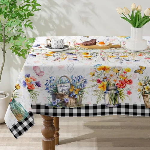 Mantel redondo de primavera de 60 pulgadas, florero de flores, decoración de primavera para el hogar, mantel de primavera con flores florecientes,