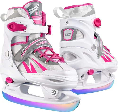 Miniatura 10 de Patines de hielo ajustables para niños, niñas y niños, 4 tamaños ajustables para principiantes, patines de hockey sobre hielo para jóvenes y Azul