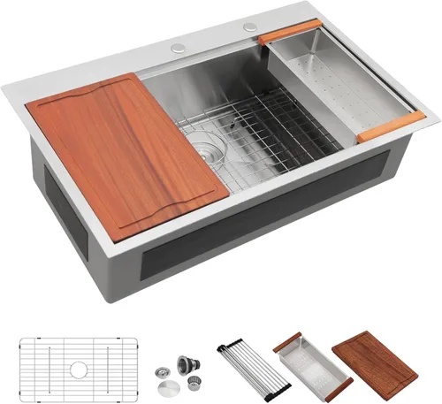 Miniatura 18 de Dcolora 33x22 Fregadero de cocina de acero inoxidable de 16 calibres, estación de trabajo de caída, fregadero de cuenco único grande, montaje