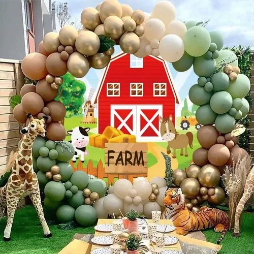 Miniatura 3 de Fondo redondo de dibujos animados de animales de granja de 3 x 3 pies, fondo redondo para fotografía de granero rojo para niños, baby shower