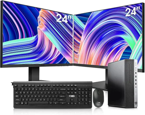 HP Elitedesk 800 G3 SFF PC de sobremesa - Intel i7-6700, 32 GB de RAM, 512 GB NVMe SSD + 2 TB HDD, Wi-Fi 6 AX200, 2 monitores de 24 pulgadas,