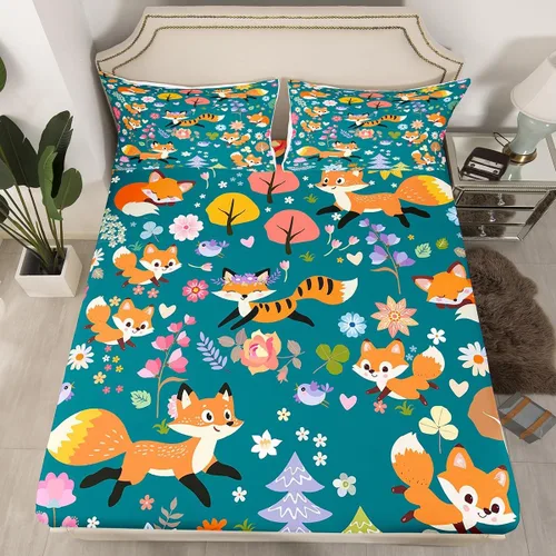 Miniatura 2 de Erosebridal Juego de sábanas de zorro con diseño de flores de arcoíris para niños y niñas, diseño de Foxtoon Animal Boho Floral Sábana bajera