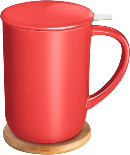 CEEFU Taza de té de porcelana con infusor y tapa, tetera con filtro y posavasos, máquina de té para hojas sueltas, 16 onzas para té, café, leche,