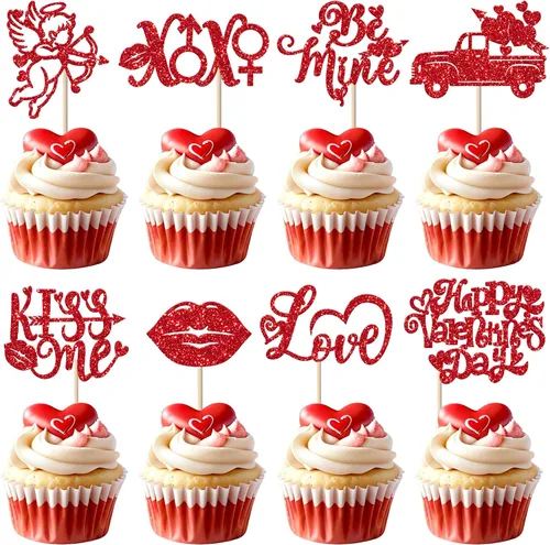 Miniatura 32 de Paquete de 24 adornos para cupcakes con purpurina en forma de corazón con temática de amor dulce, decoración de pasteles para el día de San
