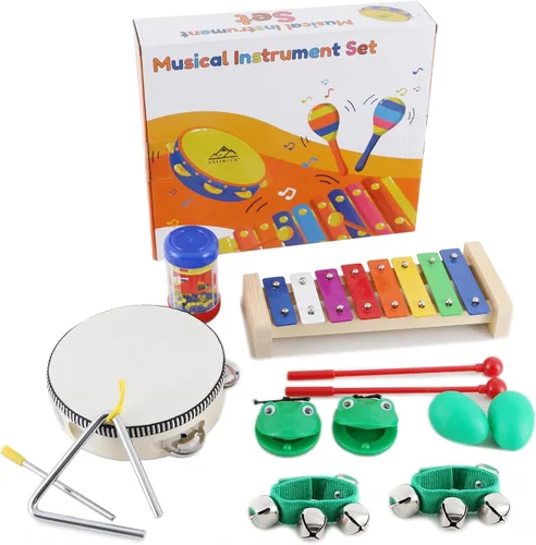 EASTROCK Juego de 13 instrumentos musicales, el mejor regalo para niños, incluye pandereta, xilófono, instrumento triangular, agitador de huevos,