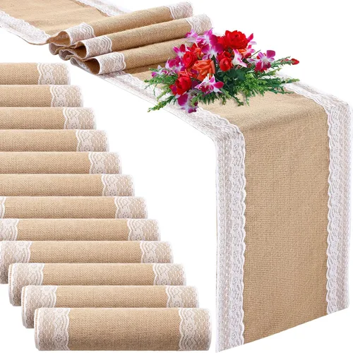 12 caminos de mesa de arpillera de 12 x 108 pulgadas, camino de mesa de encaje blanco rústico, decoración de boda, mantel romántico vintage,