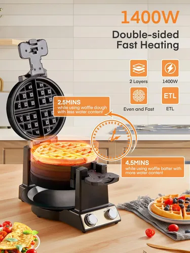 Miniatura 3 de FOHERE Máquina de tortilla y wafflera 2 en 1, máquina para hacer gofres de tortilla de 1400 W, giro de 180°, control de tostado ajustable, sartenes