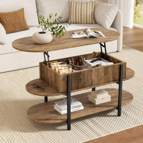 Miniatura 7 de FABATO - Mesa de centro oval de 41.7" con parte superior elevable, mesa central de madera estriada con almacenamiento oculto, mesas pequeñas de 3