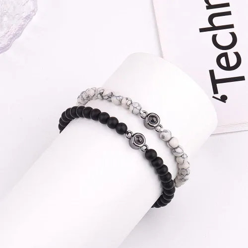 Miniatura 2 de XAOUS I Love You - Pulseras para parejas con proyección en 100 idiomas, cristal curativo, ágata negra, turquesa blanca, pulseras a juego para novio