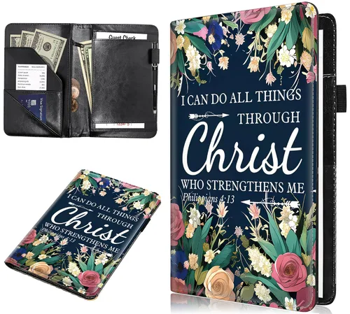 Miniatura 8 de RYUITHDJP Libro de mesera, libros de camarera con bolsillo con cremallera, diseño de flores cristianas, organizador de libros para servir