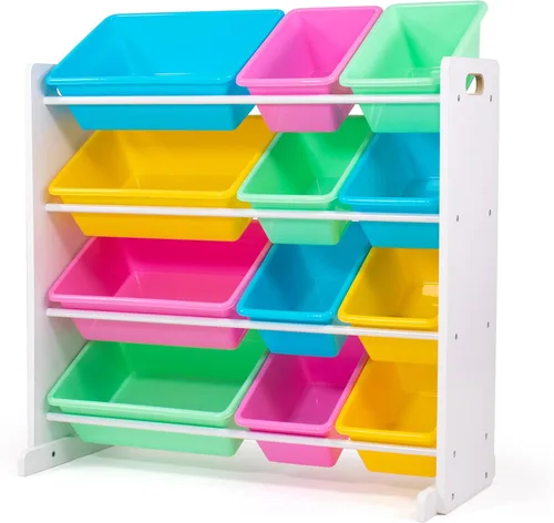 Miniatura 22 de Humble Crew Organizador de almacenamiento de juguetes para niños con 12 cubos de plástico, madera natural/aguamarina, contenedores extraíbles
