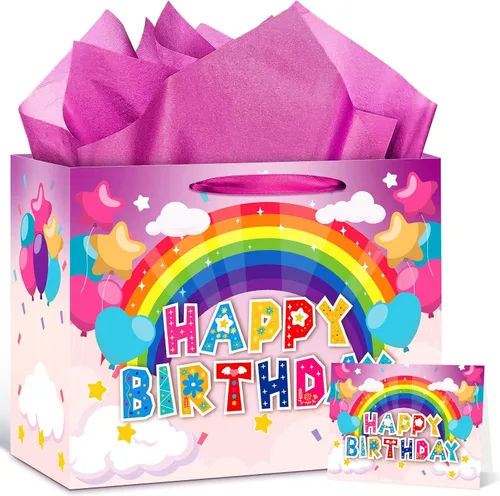 Bolsa de regalo de cumpleaños grande para niñas y niños, bolsa de regalo de cumpleaños con tarjeta de felicitación y papel de seda, bolsa de papel
