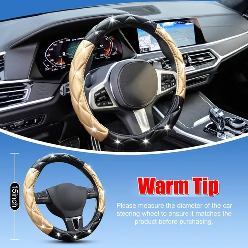 Miniatura 4 de SuperKaKa Funda para Volante Negra y Dorada, Cubierta de Volante de Auto Linda con Diamantes de Imitación Brillantes de Cuero Suave y Cómodo