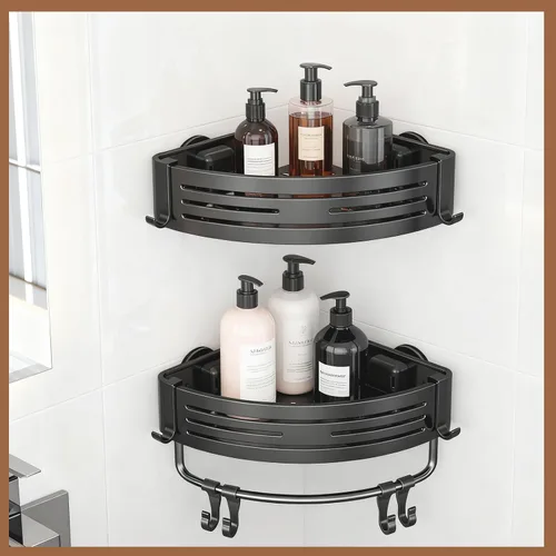 Miniatura 2 de Organizador de ducha esquinero de aluminio inoxidable, estante triangular a presión para instalar con ganchos, organizador de ducha de baño