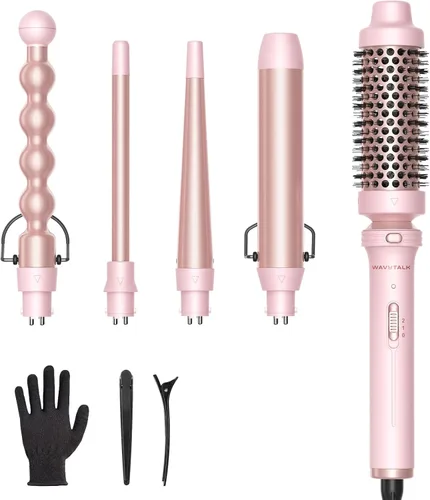 Wavytalk Rizador 5 en 1, Juego de Rizador con Cepillo Rizador y 4 Varitas Rizadoras de Cerámica Intercambiables (0.5"-1.25"), Calentamiento Rosa