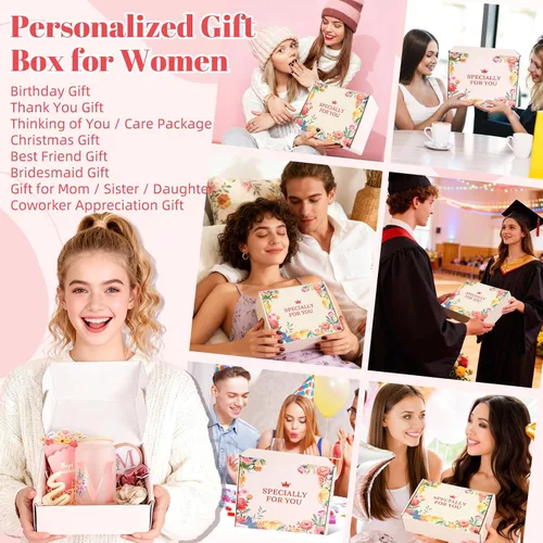 Miniatura 6 de Regalos de cumpleaños para mujeres – Caja de regalo personalizada con inicial con taza de vidrio con monograma, coleteros para el cabello y clip