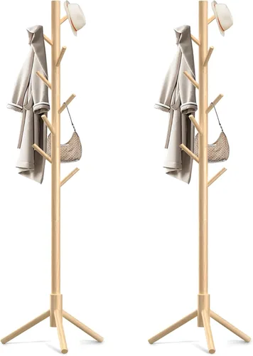 Miniatura 15 de Aliphon Perchero de madera, perchero independiente con 8 ganchos, árbol de abrigos de 3 tamaños ajustables para sombreros, abrigos, bufandas y Blanco