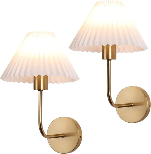 Miniatura 12 de Juegos de 2 apliques de pared, pantalla de lámpara de tela plisada blanca, lámpara de pared negra mate, iluminación de pared con soporte de columna