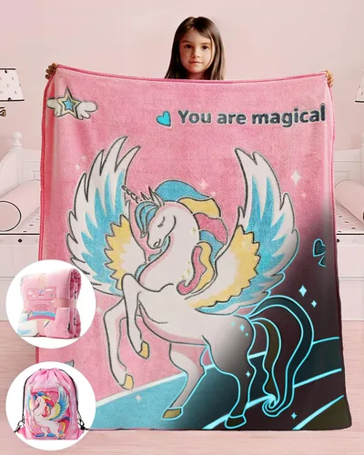 Manta de unicornio que brilla en la oscuridad, regalos de unicornio para niñas de 2, 3, 4, 5, 6, 7, 8, 9, 10 años, manta de unicornio rosa suave,