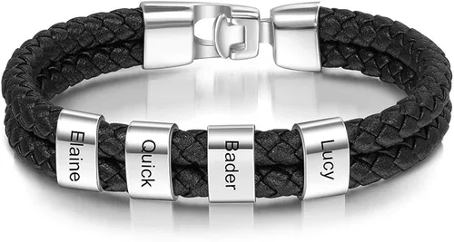 Pulseras de cuero personalizadas para hombre, pulsera con nombre para papá, grabado gratuito, cuentas de nombre de familia, pulseras de