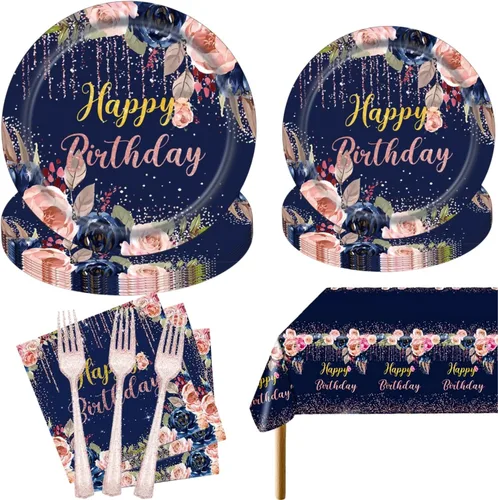 Juego de 97 platos y servilletas de cumpleaños, color azul marino, oro rosa, para mujeres y niñas, platos de papel floral, vajilla, mantel,