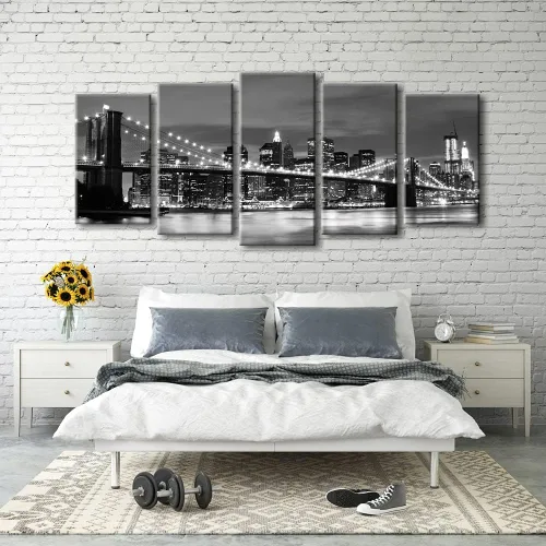 Miniatura 4 de Cuadro de vista nocturna del puente de Brooklyn de 5 paneles de Wieco art, ilustraciones de paisaje, bastidores impresos, cuadros abstractos sobre