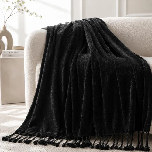 BATTILO HOME Manta Negra para Sofá, Cama, Sofá - Manta Suave y Acogedora de Chenilla con Borlas de Flecos, Manta de Punto de Chenilla Ligera para