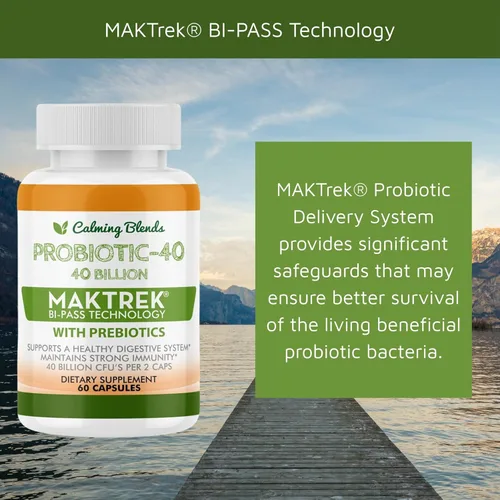 Miniatura 4 de CALMING BLENDS Probiótico, 40 mil millones de UFC, sistema de entrega bi-pass para una máxima eficacia, estable en el almacenamiento, 60 cápsulas