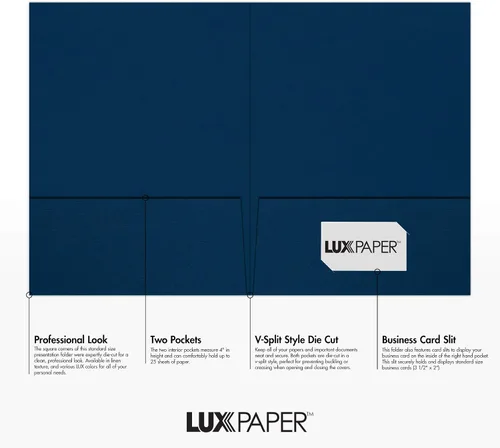 Miniatura 2 de LUXPaper Carpetas de presentación de 9" x 12" Dos bolsillos Lino azul náutico Cubierta de 100 lb. Cantidad de 10 Lino Azul Oscuro